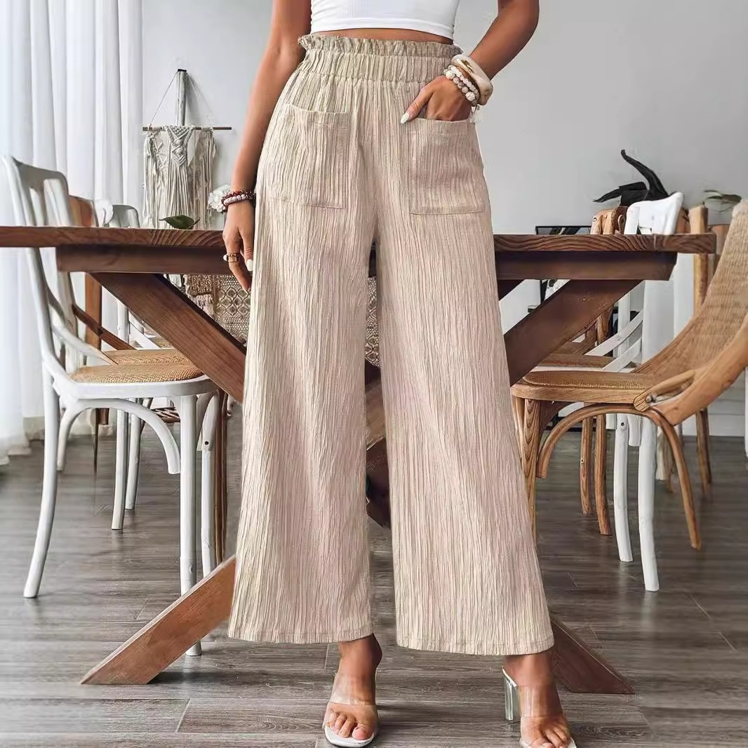 Women's Cropped Wide-Leg Pants with High Waist, Two Pockets, Textured Fabric, Slimming, Versatile, Commuter