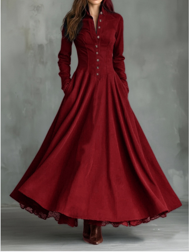 Faux Suede Lace-Trim Button-Front Shirt Dress