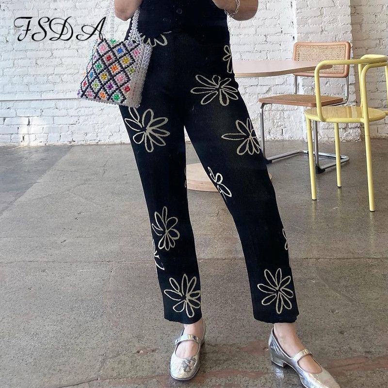 Women's Knit Wide-Leg Pants High Waist Straight-Leg Casual