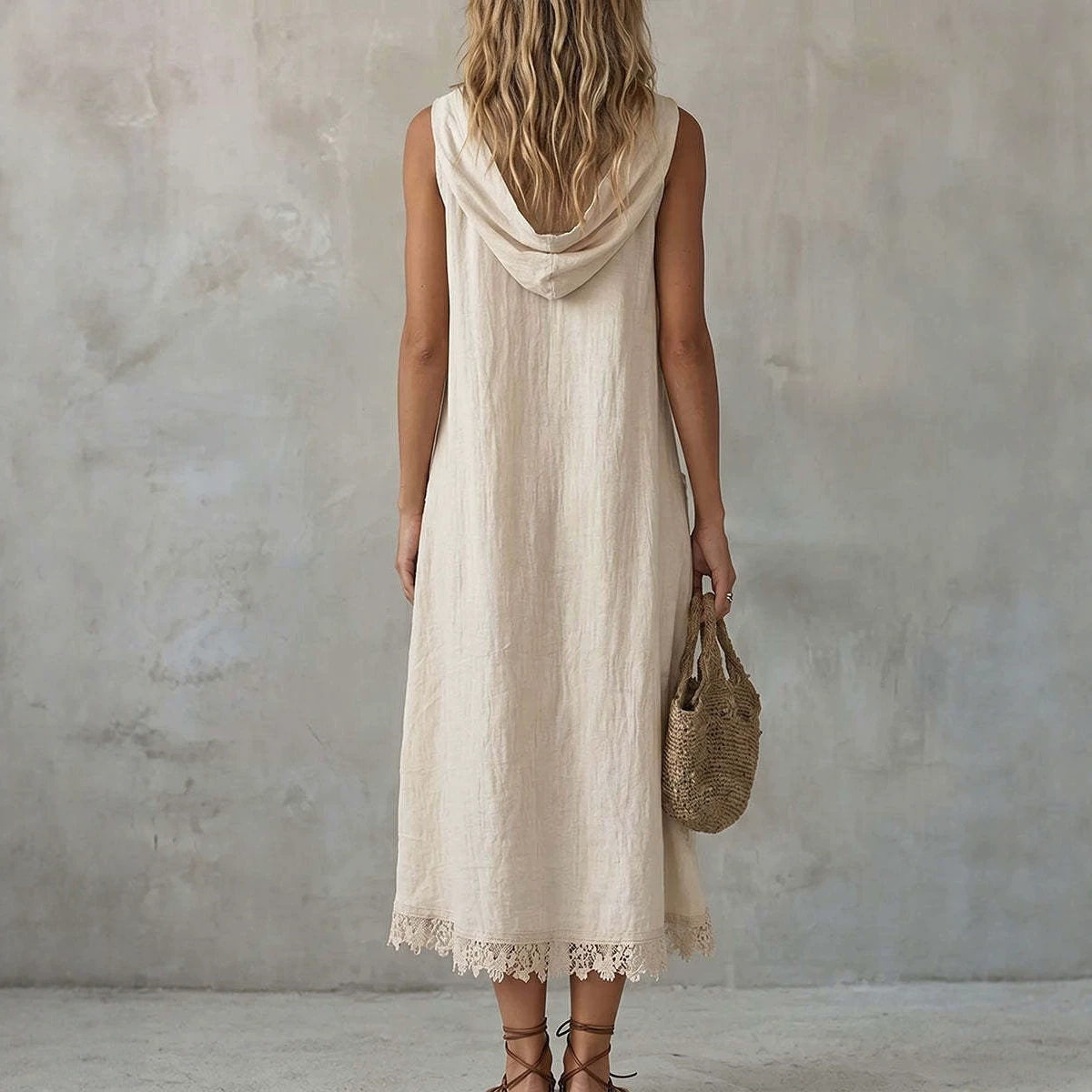 Women's Summer Hooded Dress Loose V-Neck Button Lace Trim Sleeveless Long Dress