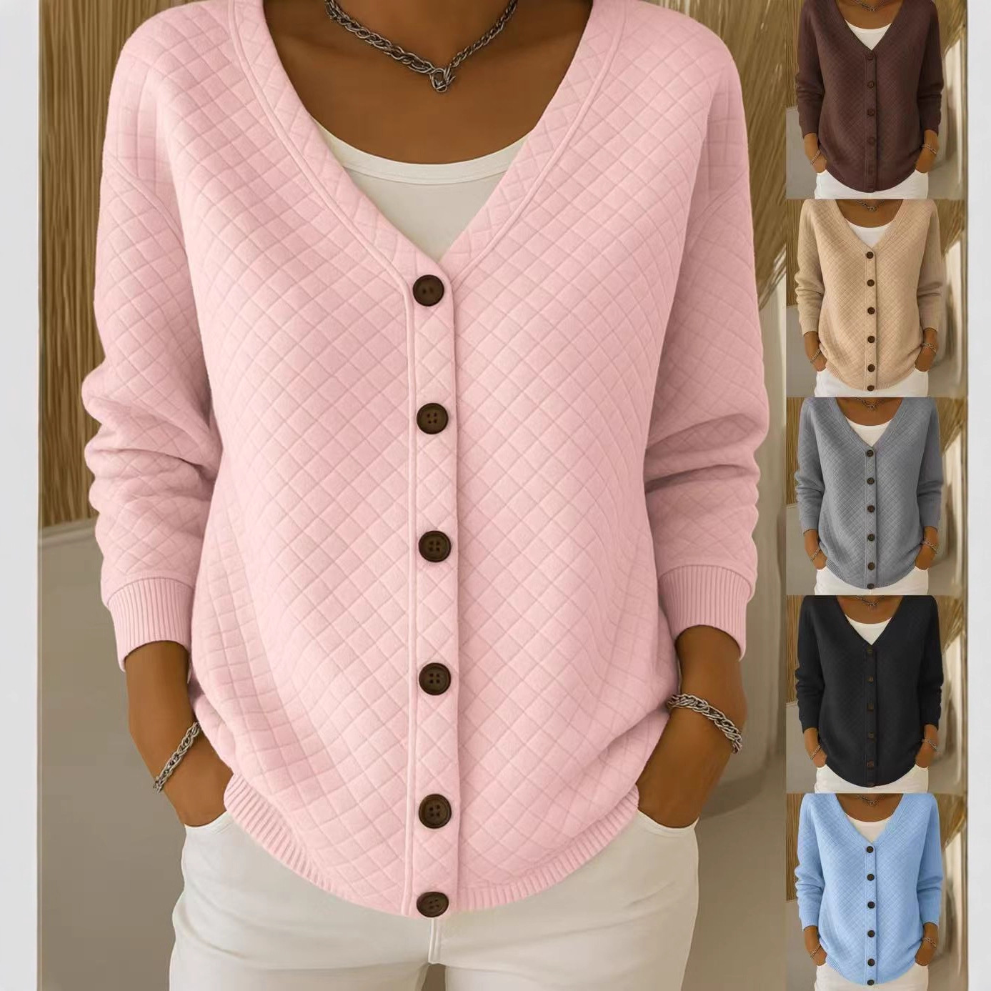 Women's Plaid Long Sleeve Cardigan Knit Sweatshirt Jacket