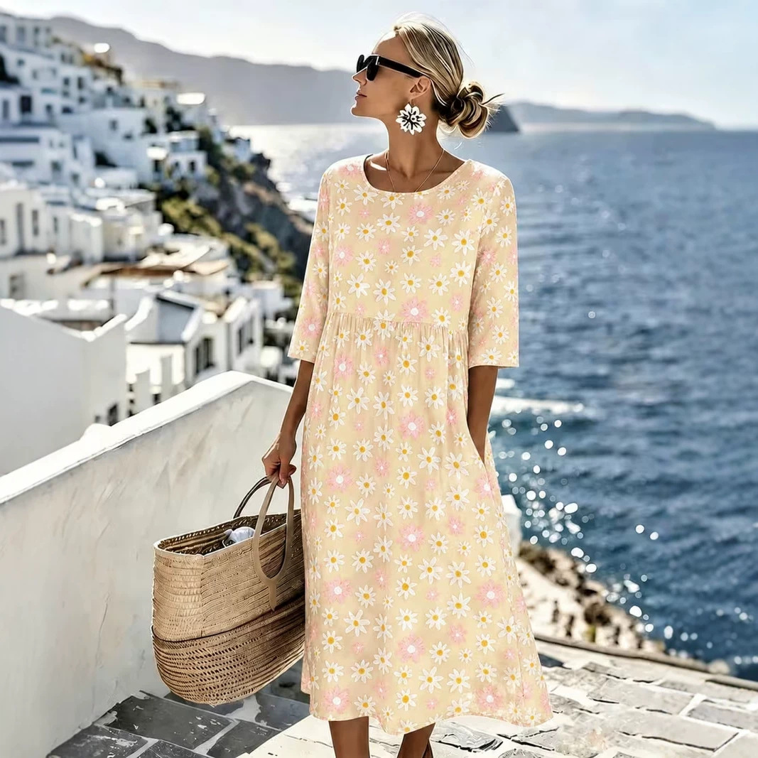 Women's Fresh Floral Daisy Print Ruched Midi Dress