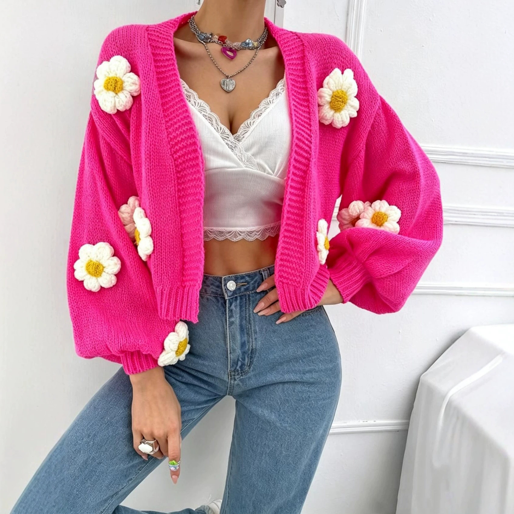 Women's Crochet Floral Spliced Button Cardigan Sweater