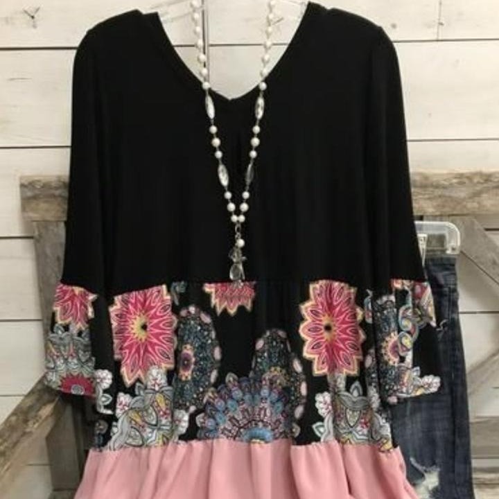 Plus Size V-Neck Floral Print Midi Dress Long Sleeve