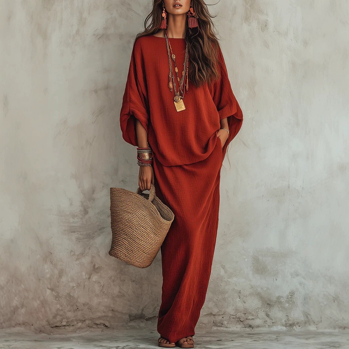Women's Solid Color Long Skirt Two-Piece Set Casual Loose Fit
