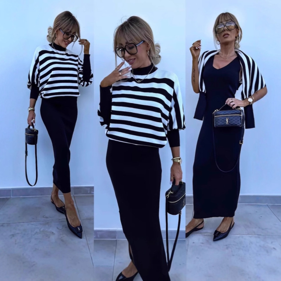 Striped Long-Sleeve Knit Two-Piece Dress Set