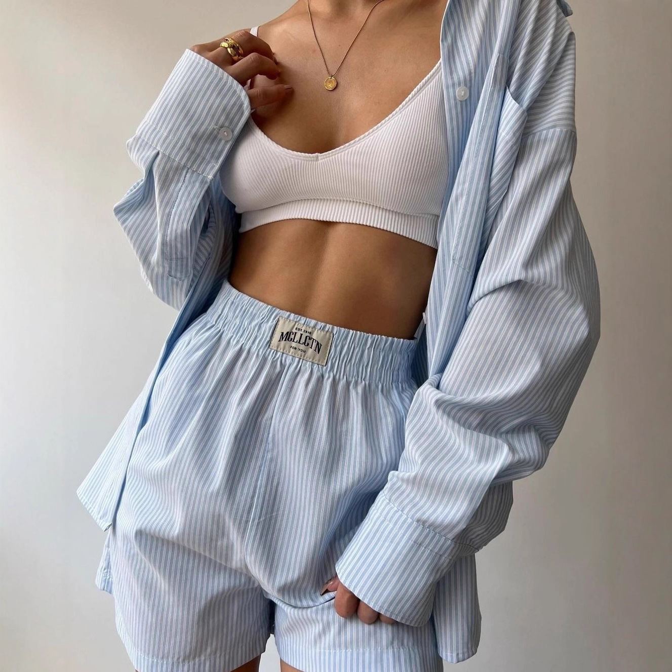 Striped Long Sleeve Shirt and Shorts Two-Piece Set