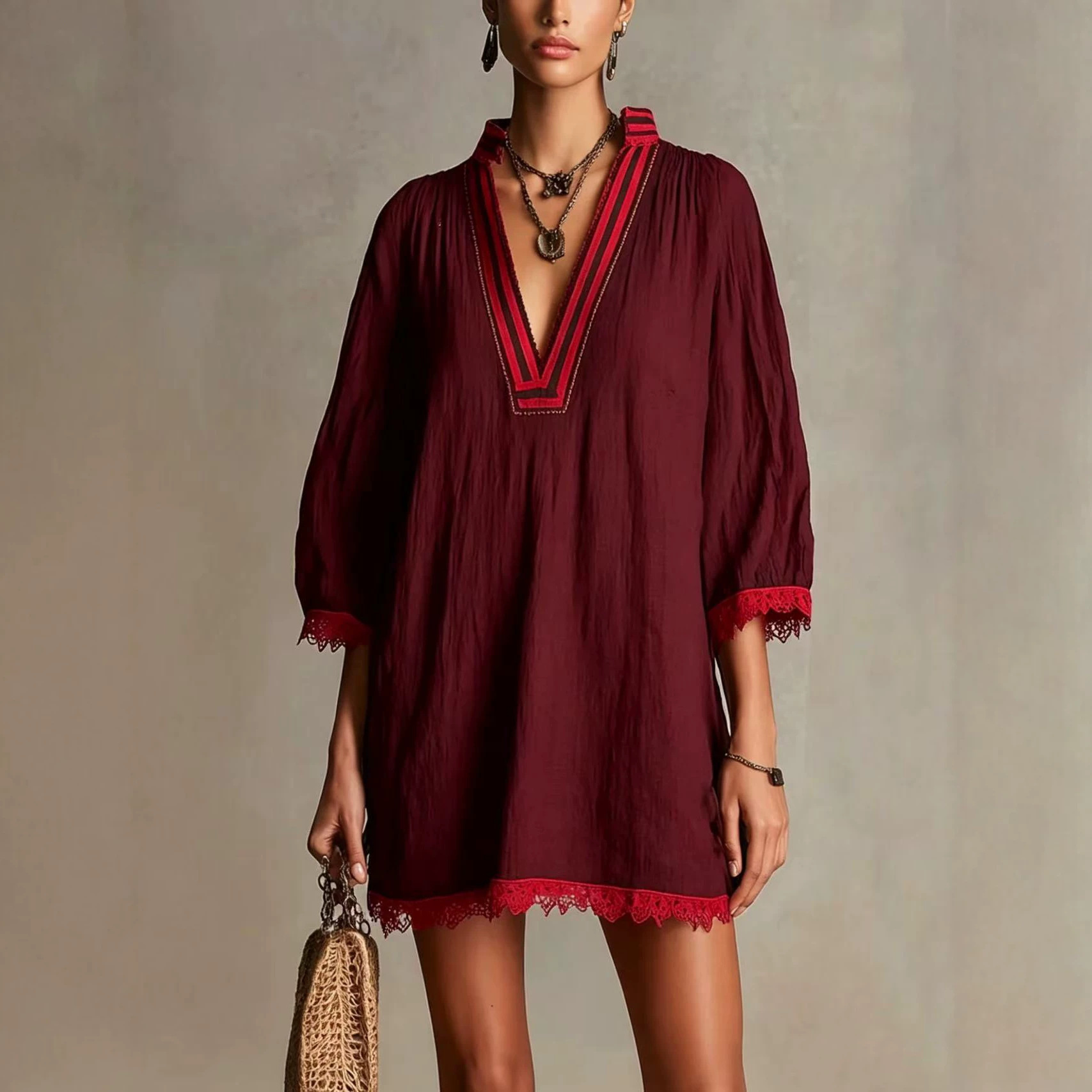 Striped V-Neck Lace Loose Straight Casual Dress