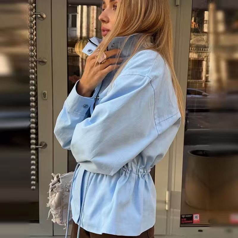 Women's Drawstring Waist Stand Collar Zip Jacket Casual Loose Fit