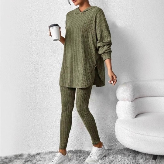 Women's Ribbed Knit Hooded Long Sleeve Lounge Set