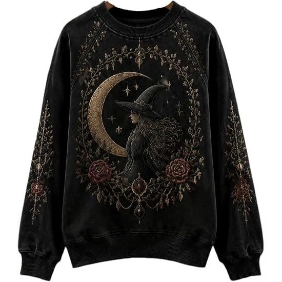 Halloween Witch Hat Print Crewneck Long-Sleeve Pullover Sweatshirt