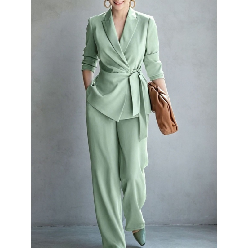 Women's Solid Color Blazer and Pants Set with Belt