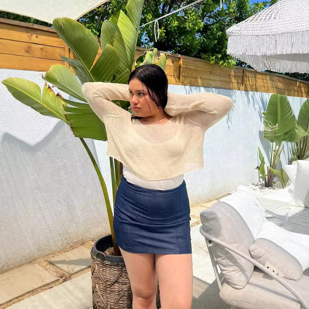 Women's Sheer Knit Top Crew Neck Long Sleeve Cropped Loose Casual