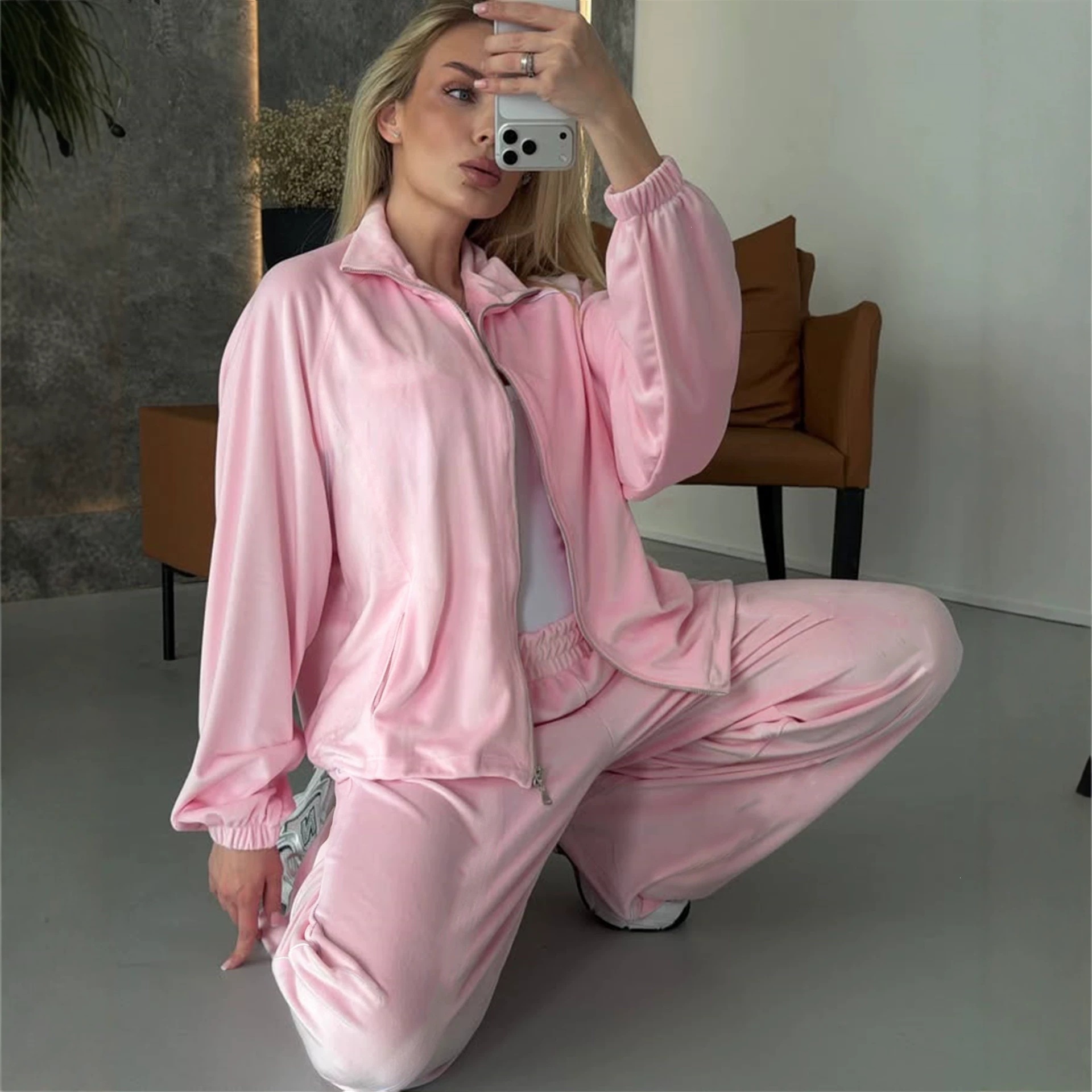Velvet Two-Piece Set: Zip Cardigan & Wide-Leg Pants