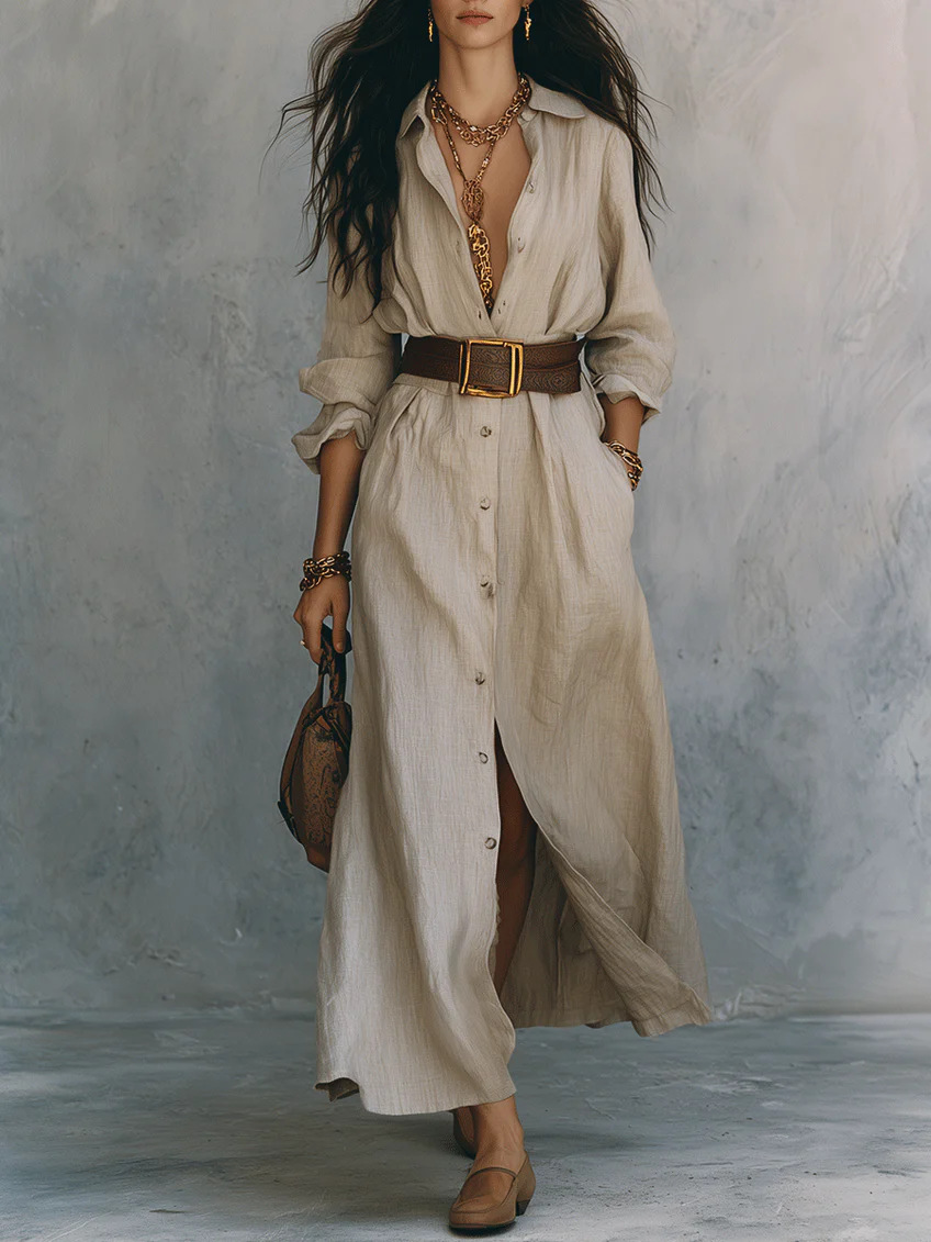Collared Button-Front Slit Shirt Dress with Wide Belt