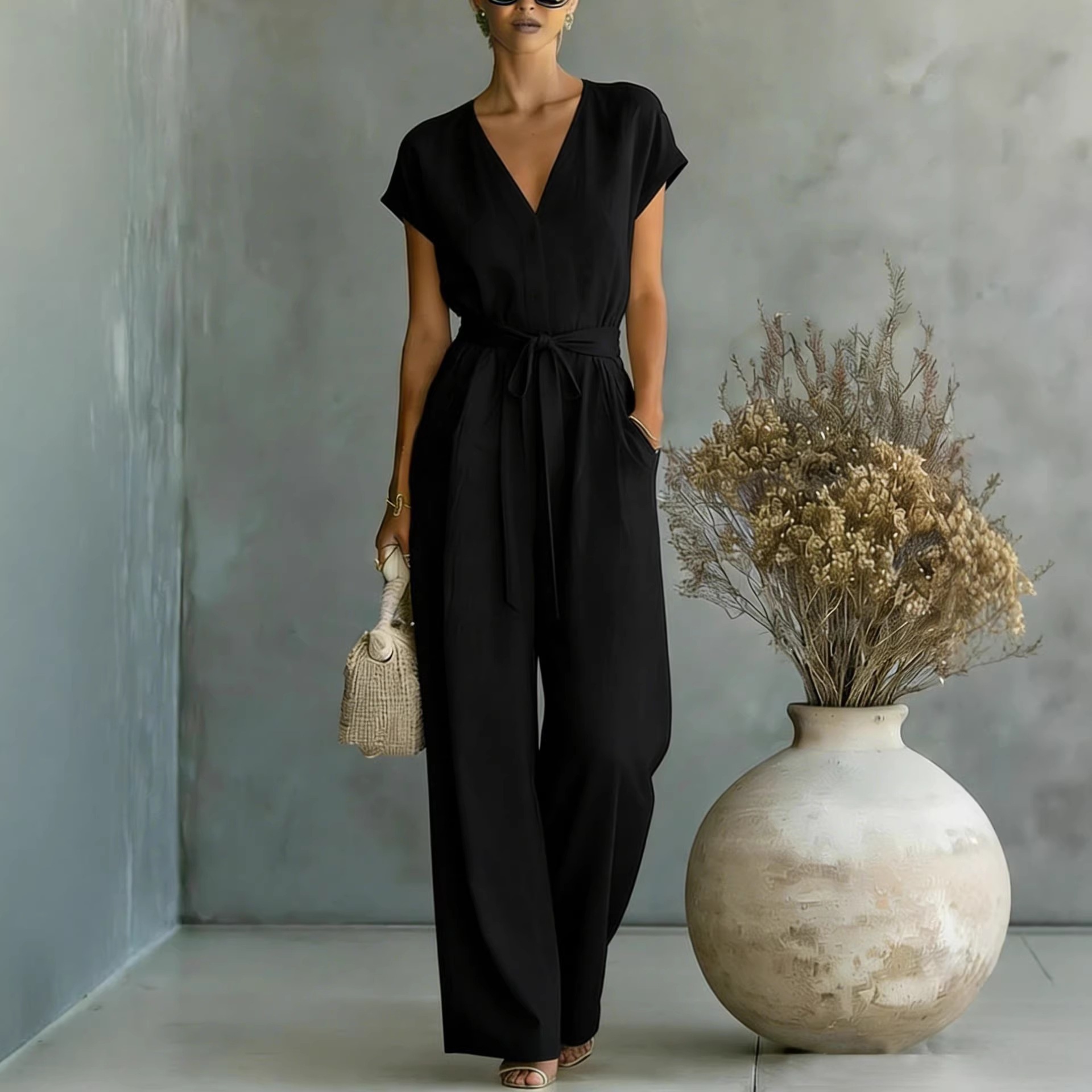 Solid Color Button-Front Belted V-Neck Jumpsuit with Pockets