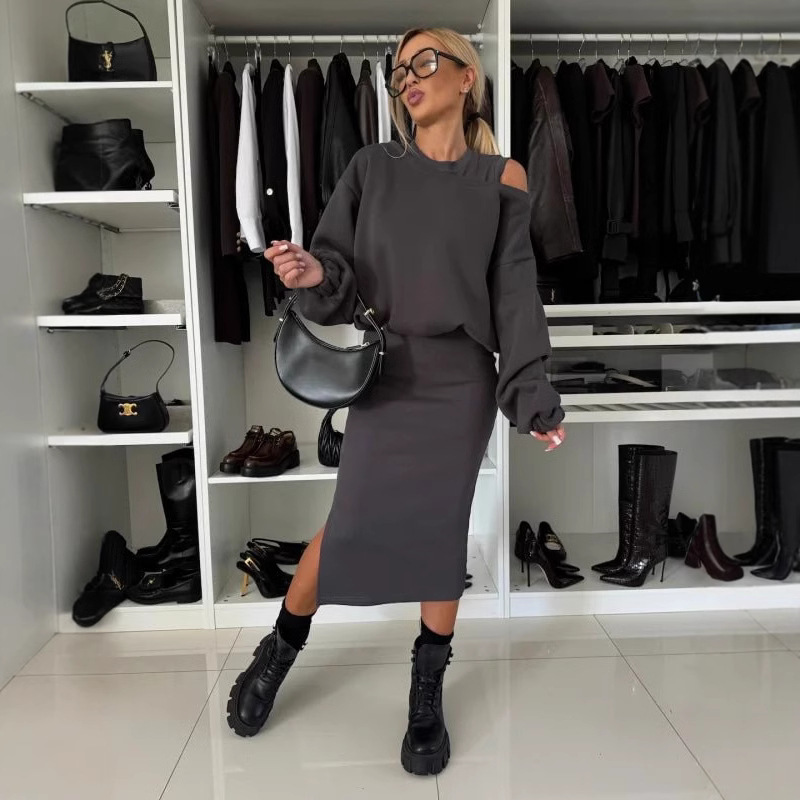 Women's Loose Off-Shoulder Batwing Sleeve Crop Hoodie and Midi Skirt Set
