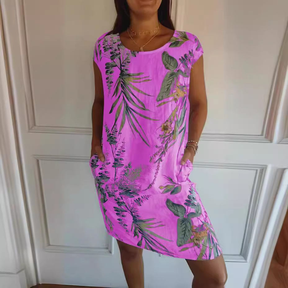 Women's Cotton Linen Print A-Line Dress with Pockets