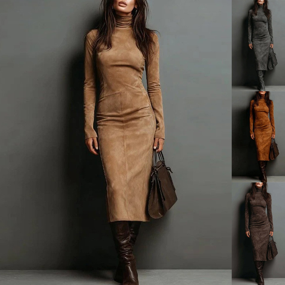 Women's Slim Fit Long Sleeve Bodycon Midi Dress Half Turtleneck