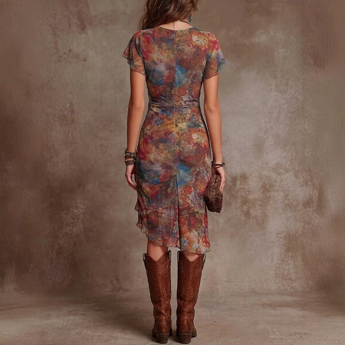 Printed V-Neck Waist-Cinching Midi Dress