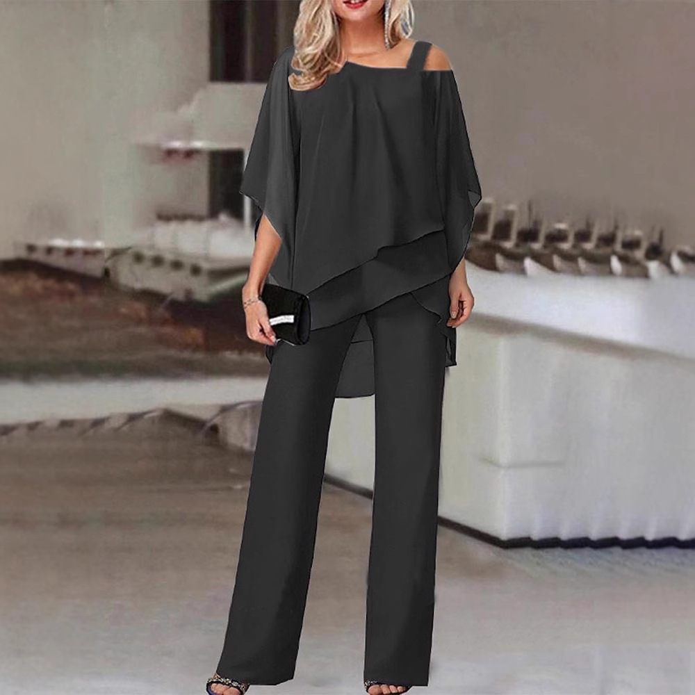Women's One-Shoulder Chiffon Batwing Sleeve Two-Piece Pants Set