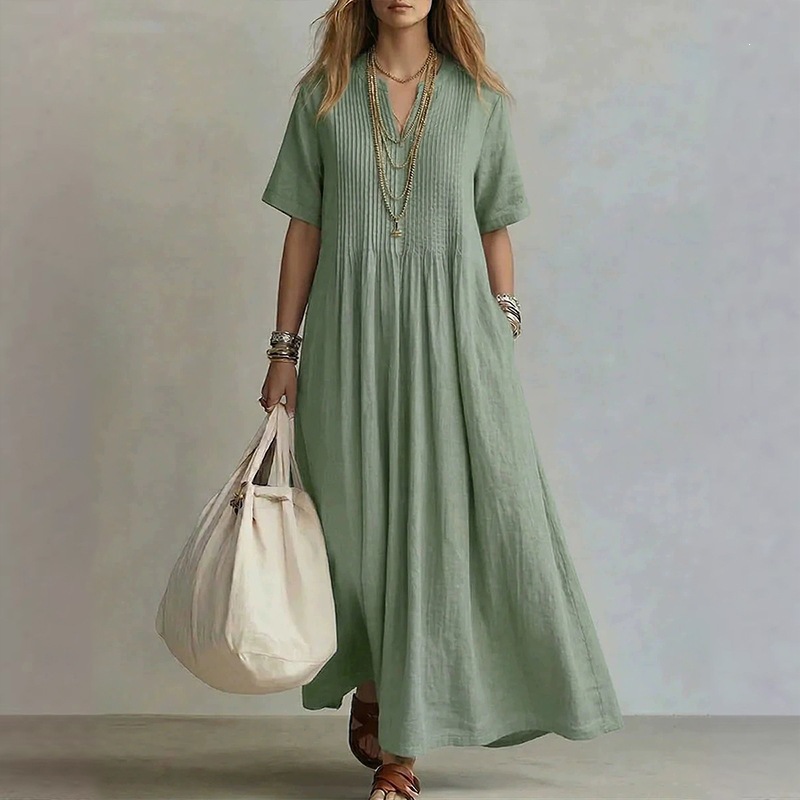 Women's Summer V-Neck Pleated Maxi Dress Casual Vacation Solid Color