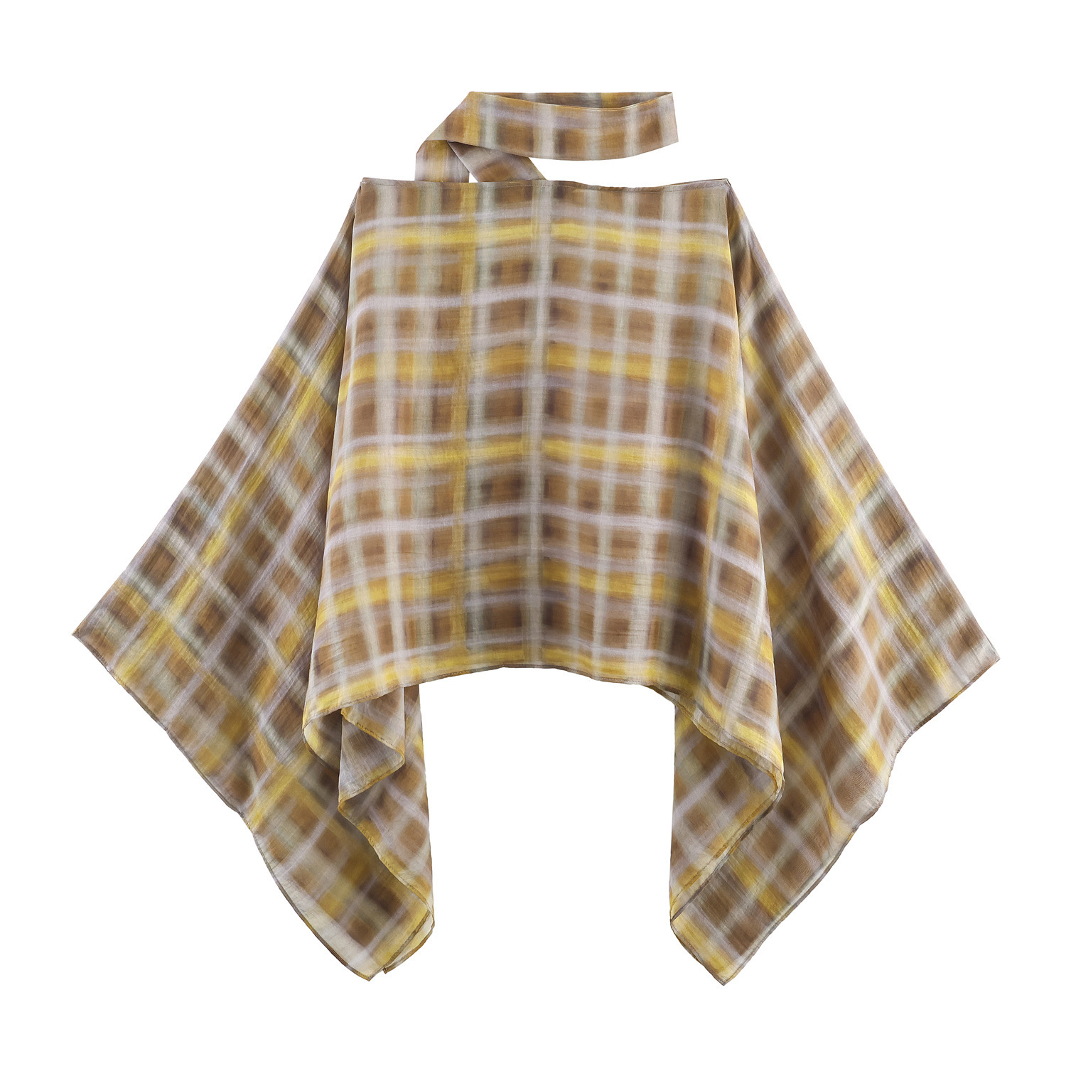 Women's Plaid Scarf Cape Top and Midi Skirt Set