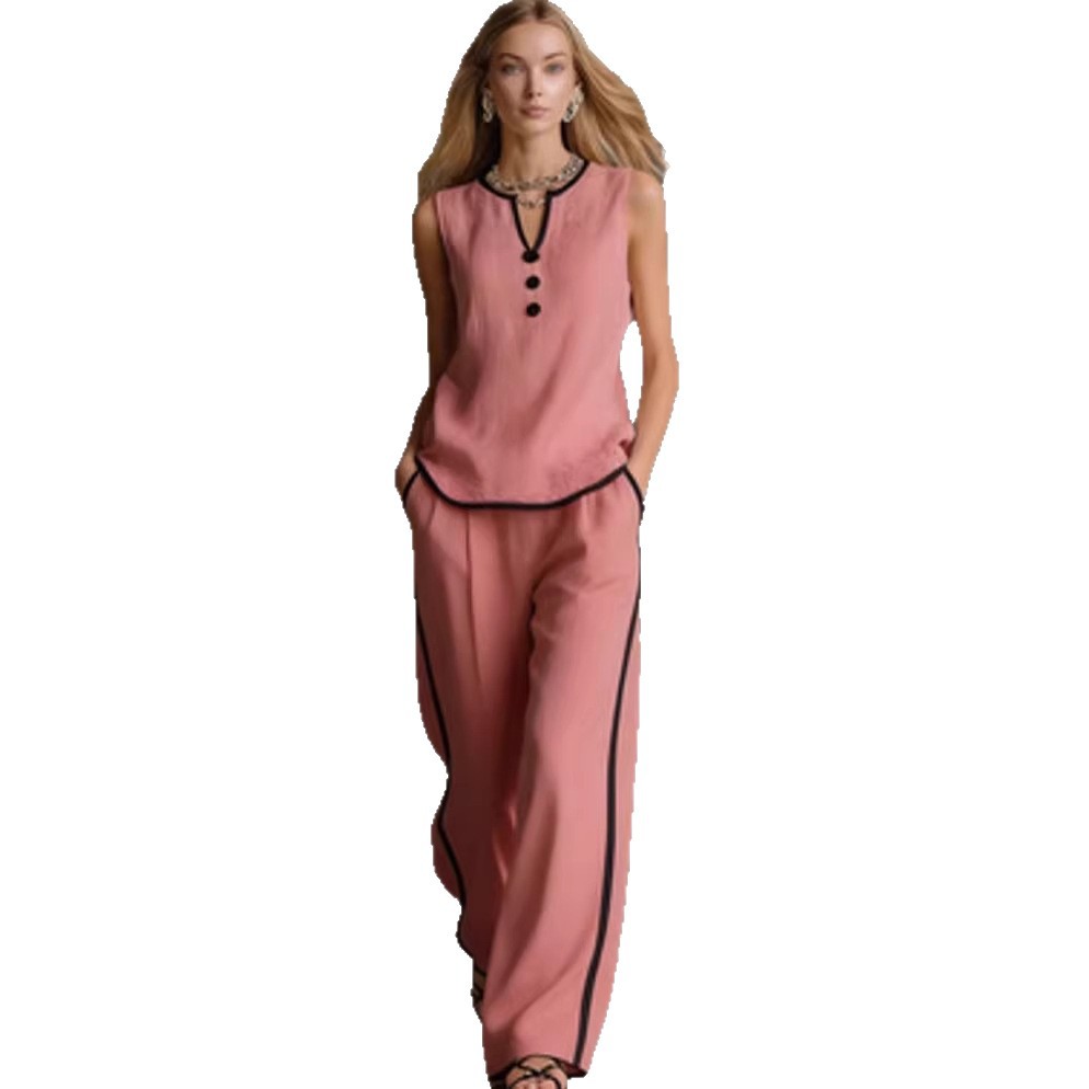 Women's Sleeveless Button Two-Piece Pant Set Casual Solid Color
