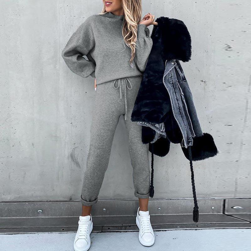 Women's Turtleneck Solid Color Top and Drawstring Pants Two-Piece Sweatsuit Set