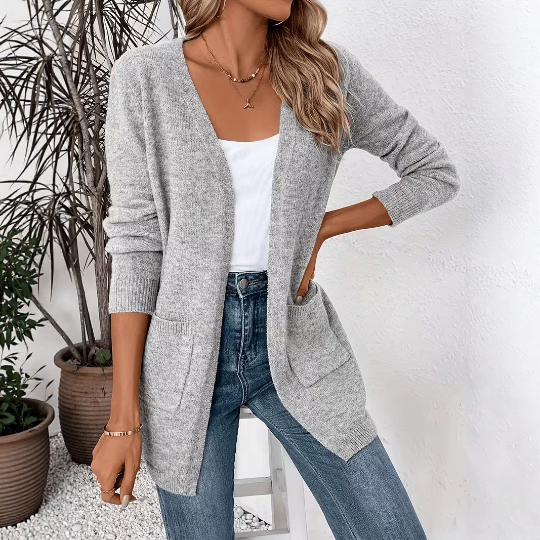 Women's Pocket Cardigan Sweater Mid-Length Loose Solid Knit Coat