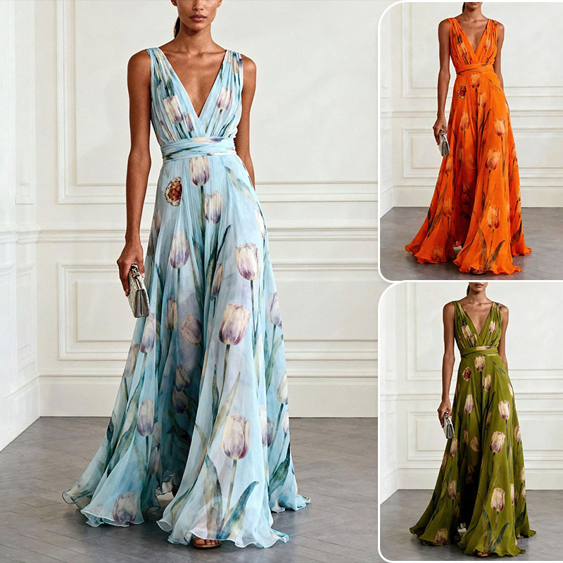 French Vintage Floral Print Long Dress with Waist and Pleated Details