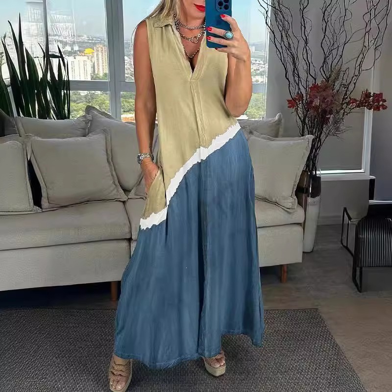 V-Neck Printed A-Line Maxi Dress Sleeveless Casual