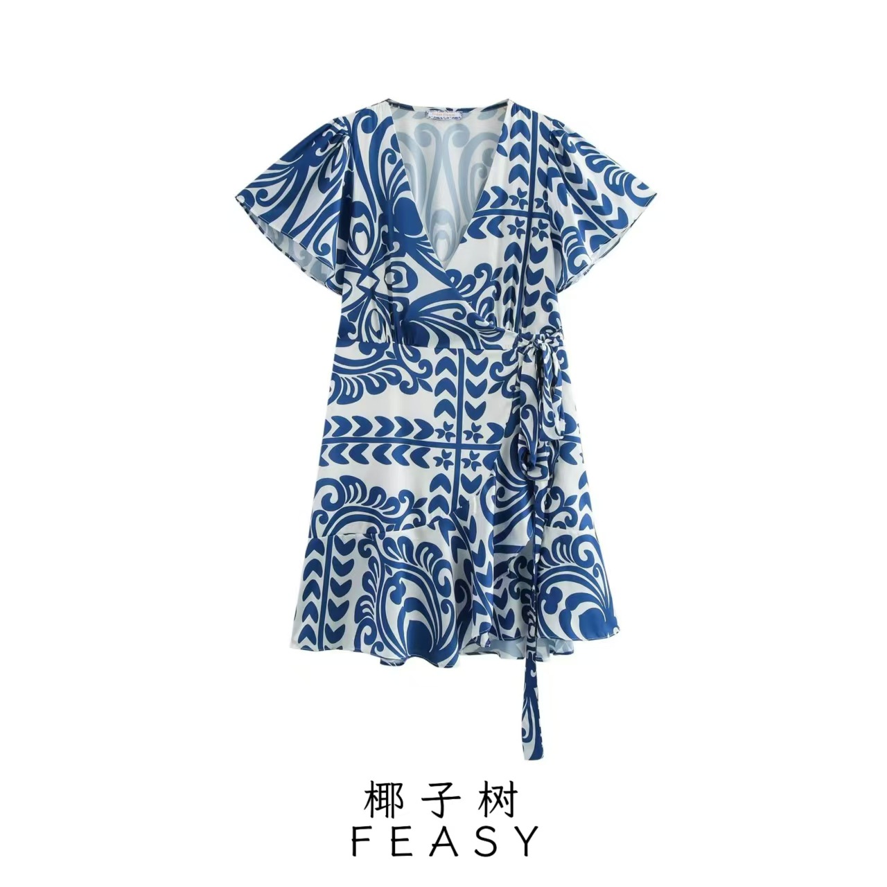 Blue Floral Print Sleeveless A-Line Dress