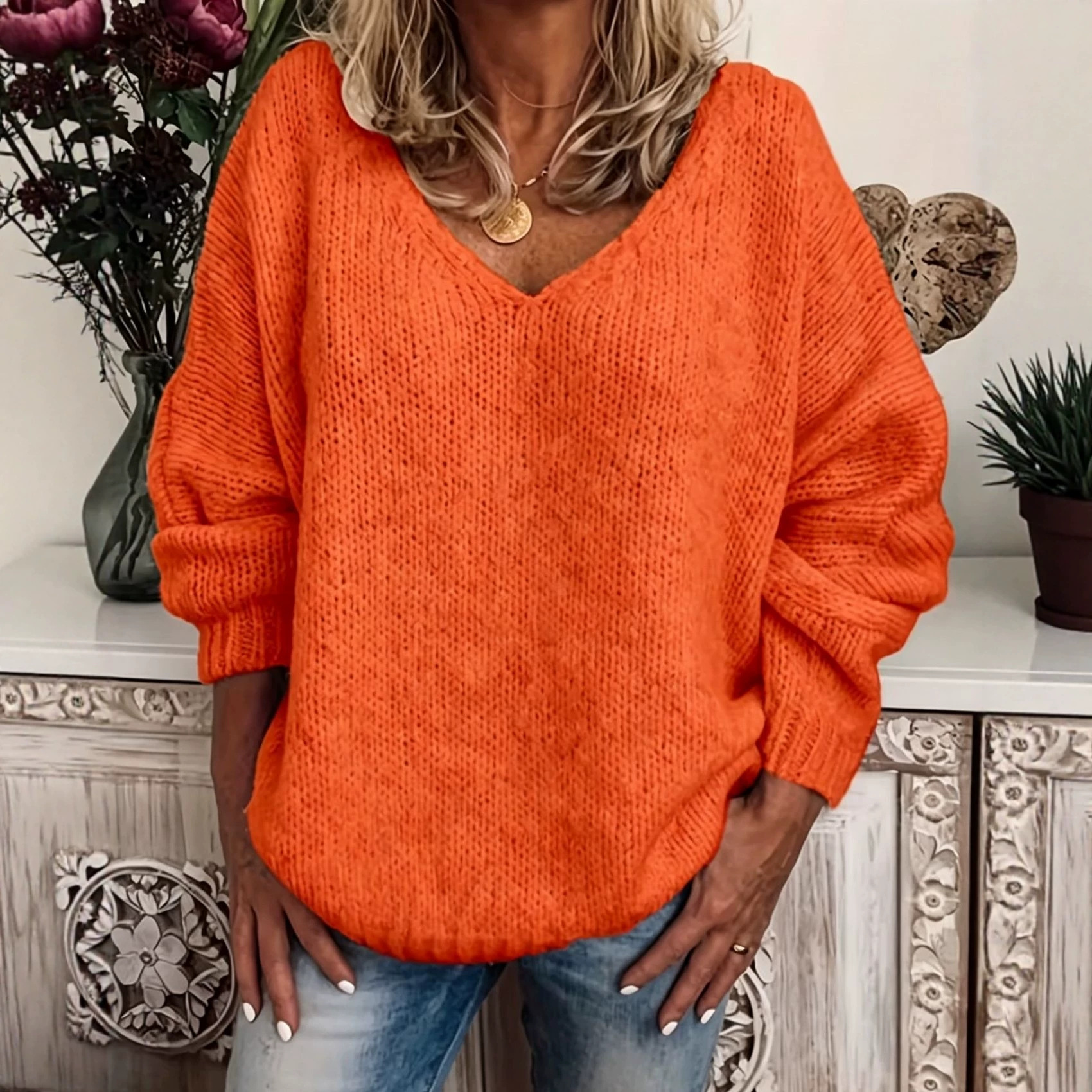 Women's V-Neck Knit Sweater Long Sleeve Pullover