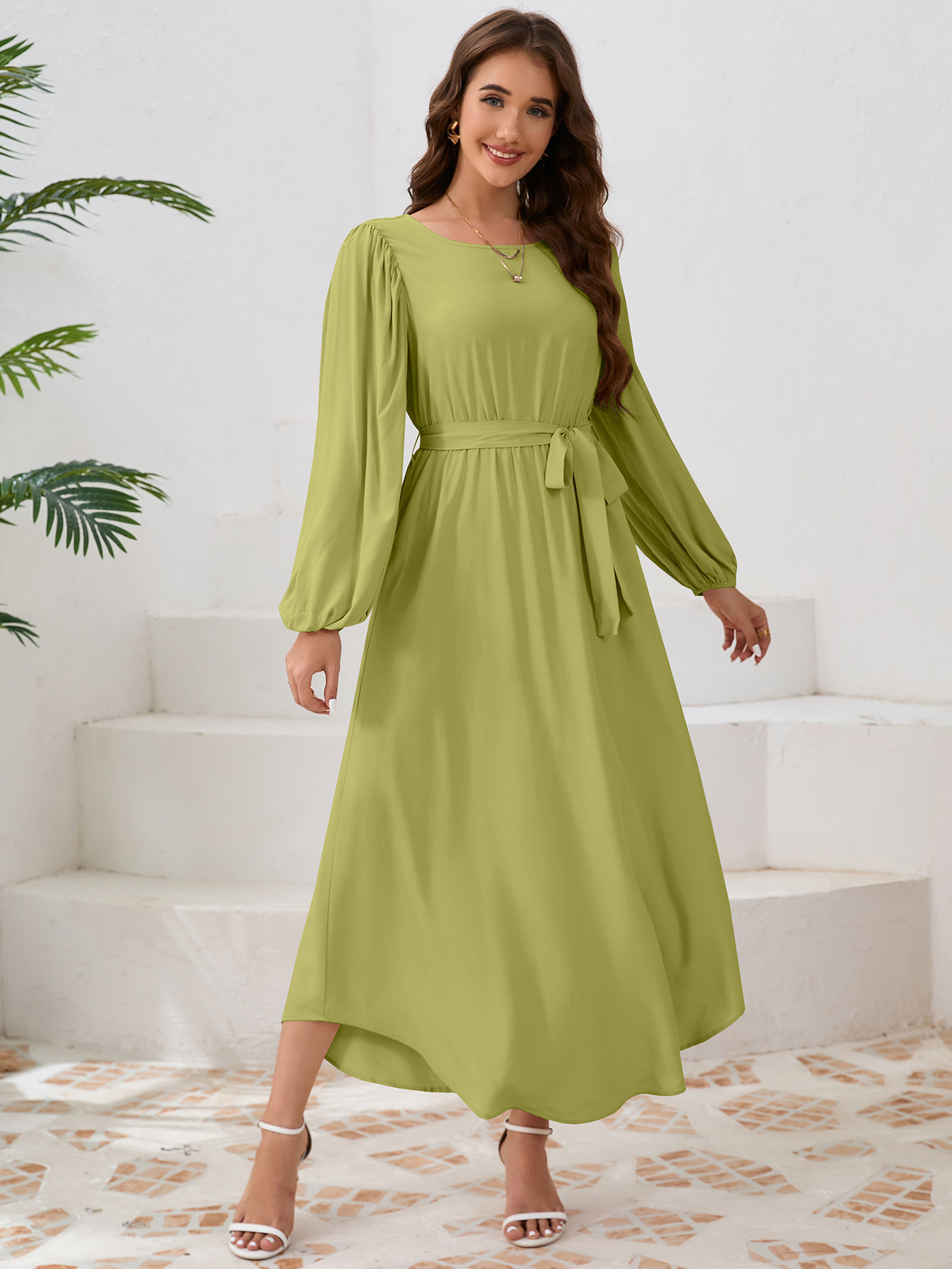 Women's Lantern Sleeve Midi Dress with Tie Belt