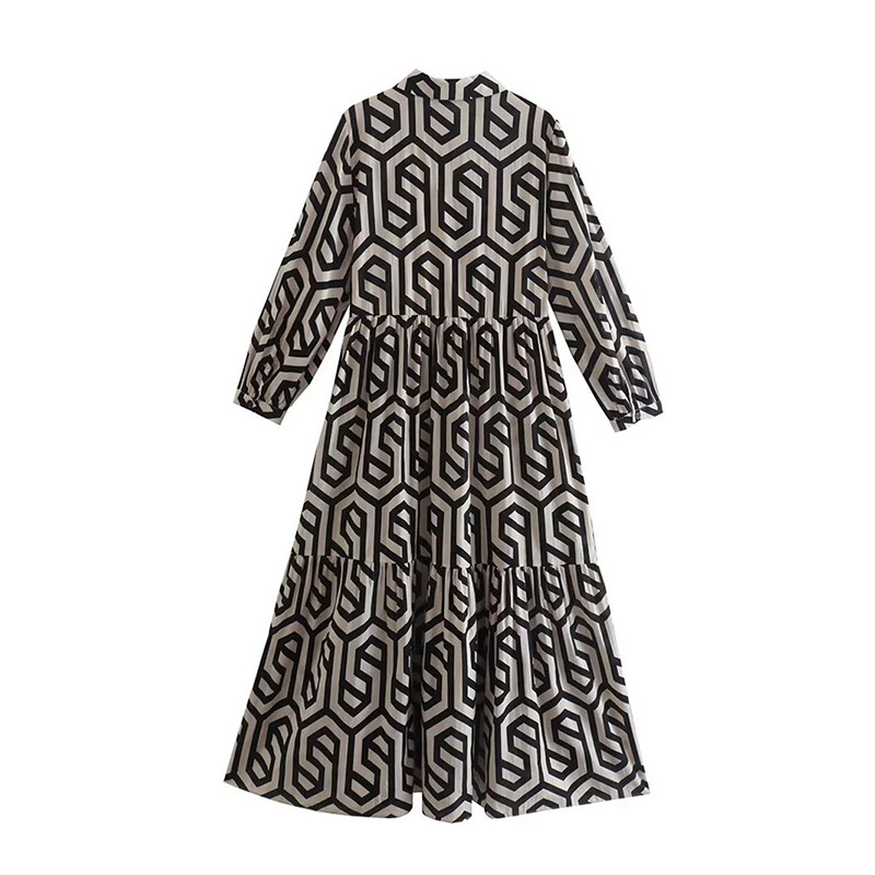 Women's Long Sleeve Polo Collar Green Geometric Print Shirt Dress