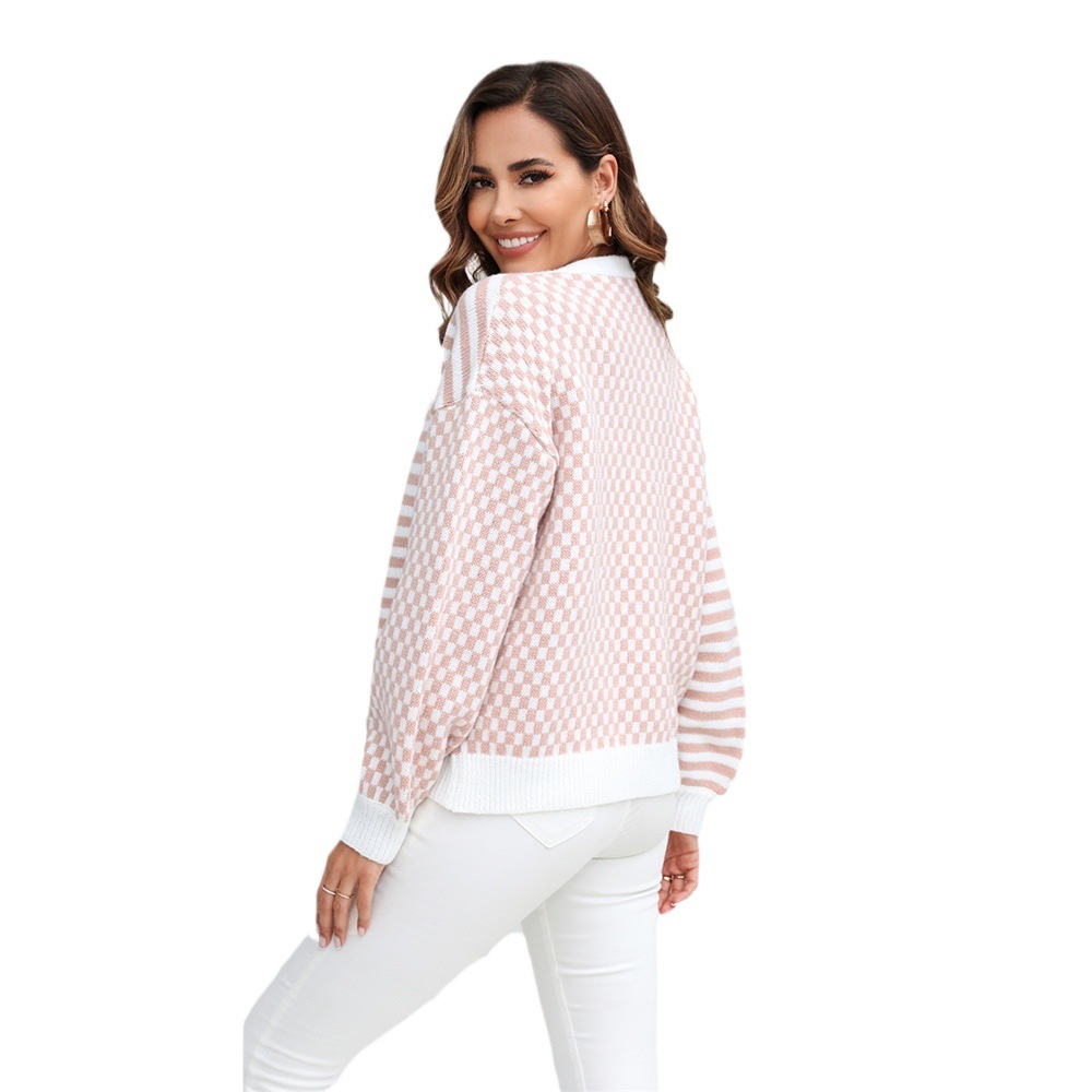 Plaid Striped Color-Block Knit Cardigan Sweater