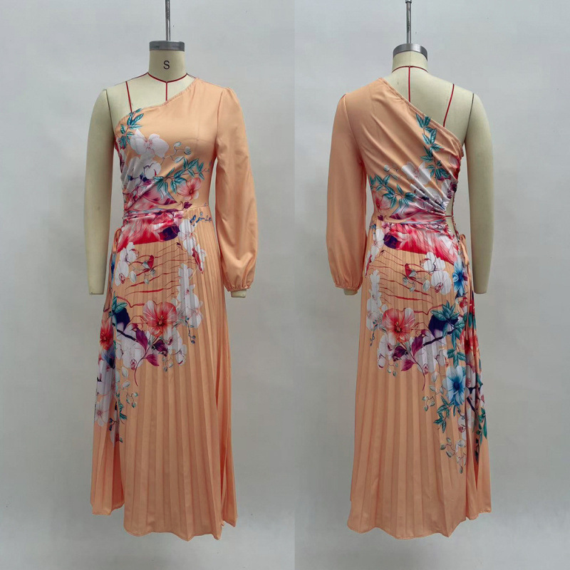 Floral Print Pleated High-Waist Asymmetric Neck Long Dress