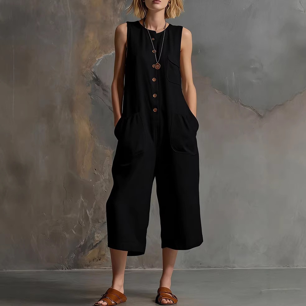 Women's Sleeveless Solid Color Cropped Jumpsuit Casual Relaxed Fit