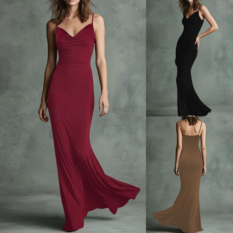 Summer Cowl Neck Sleeveless Bodycon Mermaid Midi Dress Solid Color