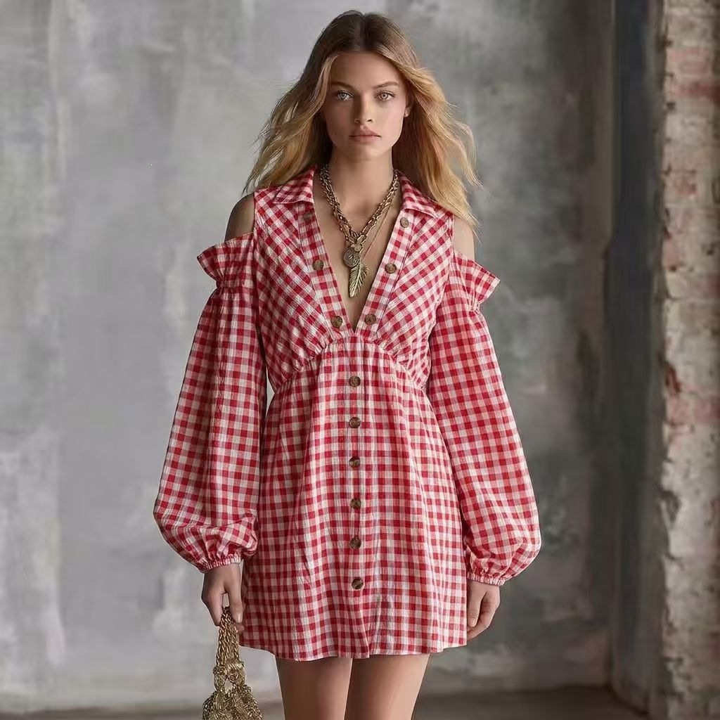 Retro Plaid Off-Shoulder Lantern Sleeve Midi Dress with Elastic Waist
