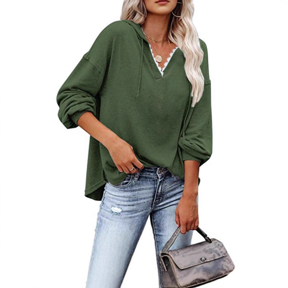 Women's Casual Hooded Lace V-Neck Long Sleeve Sweatshirt