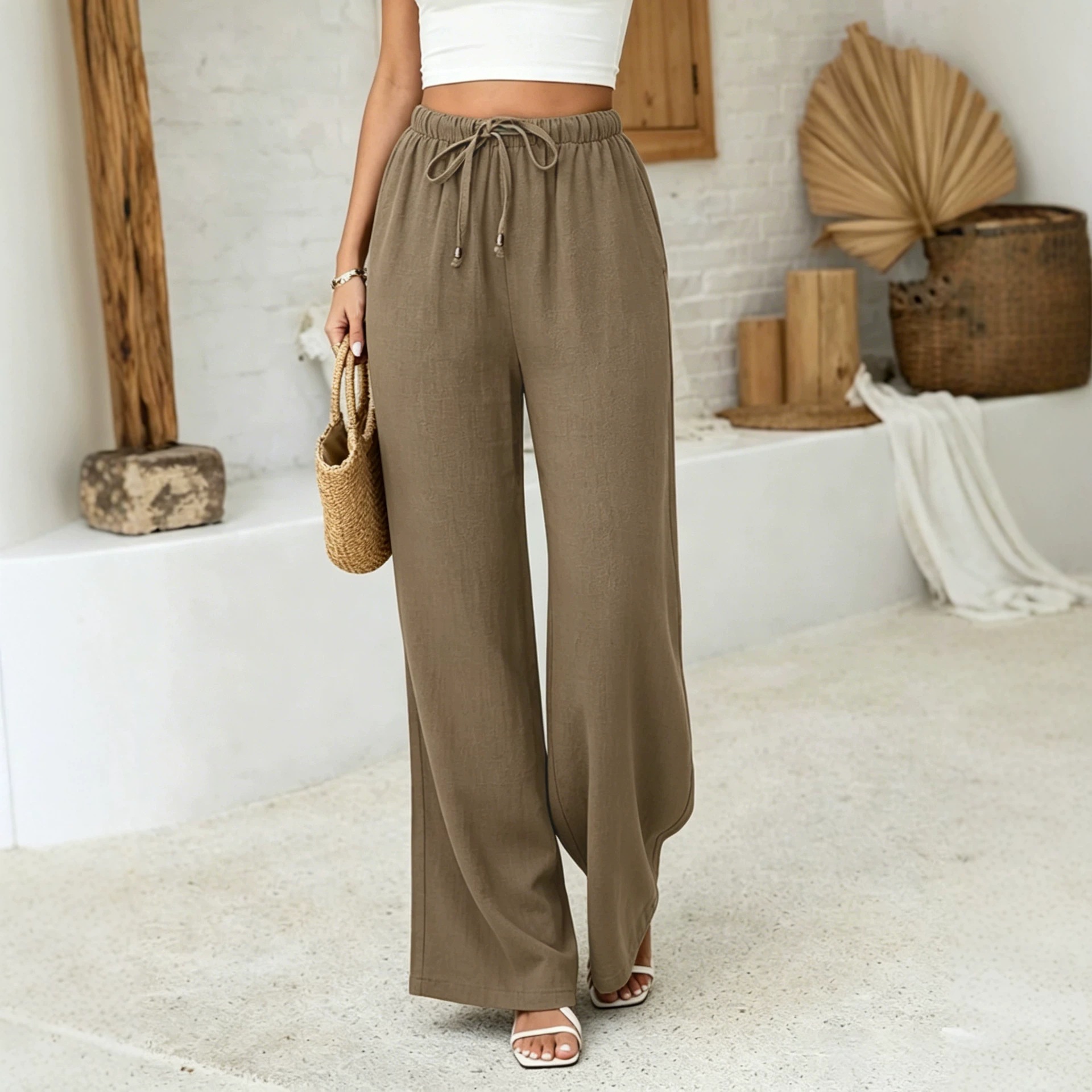 Women's Linen-Blend Drawstring High-Waist Wide-Leg Pants