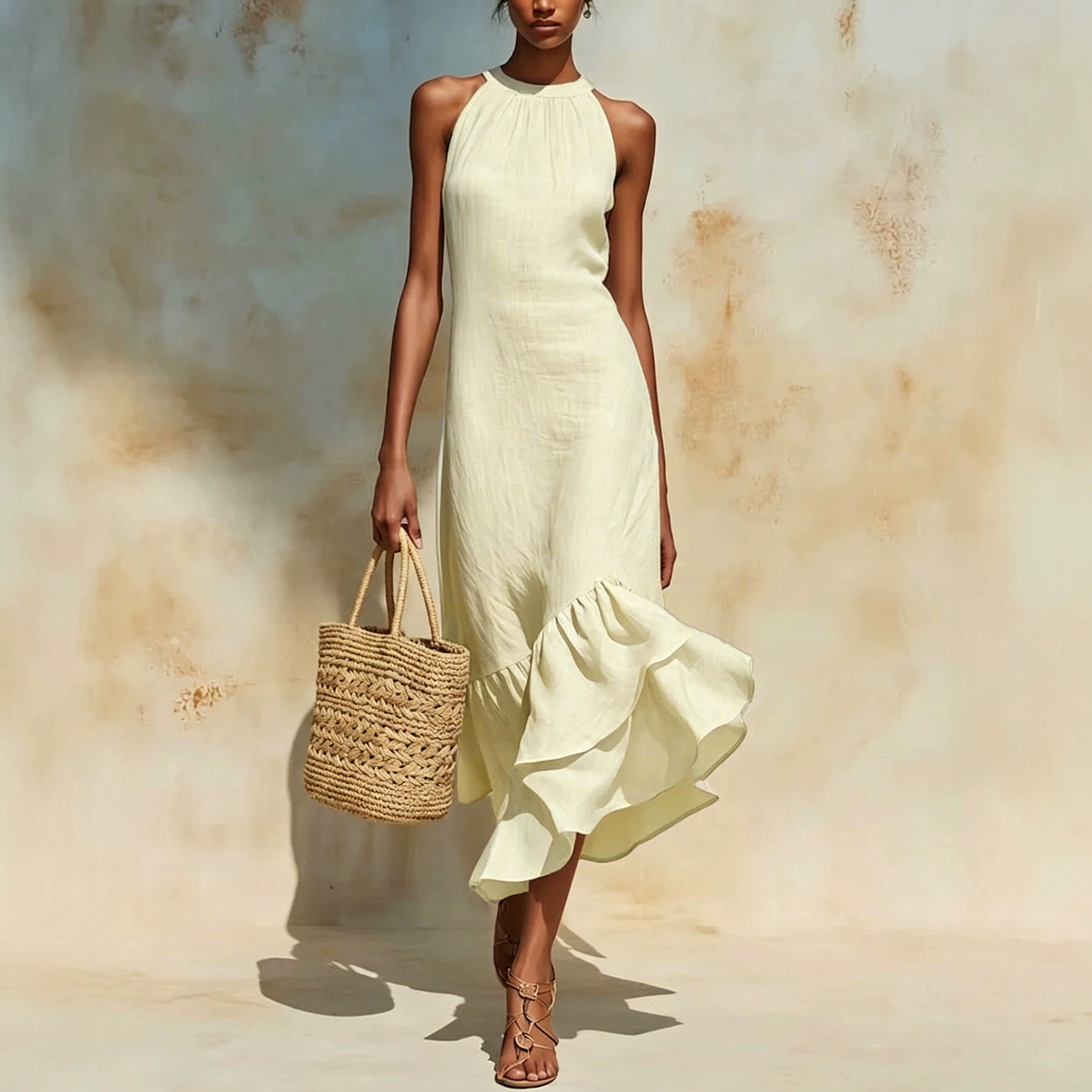 Women's Sleeveless Halter Cotton-Linen Dress with Asymmetrical Ruffle Fishtail Hem