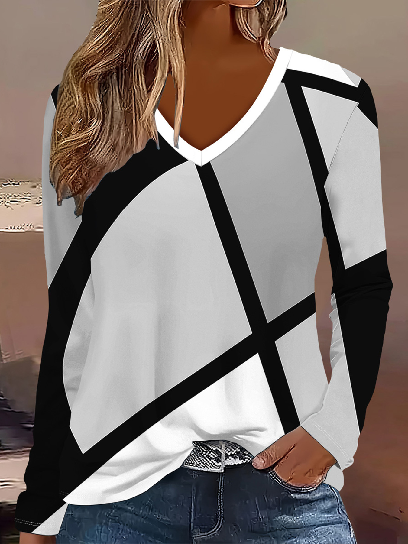 Bohemian Floral V-Neck Long-Sleeve Loose Casual T-Shirt