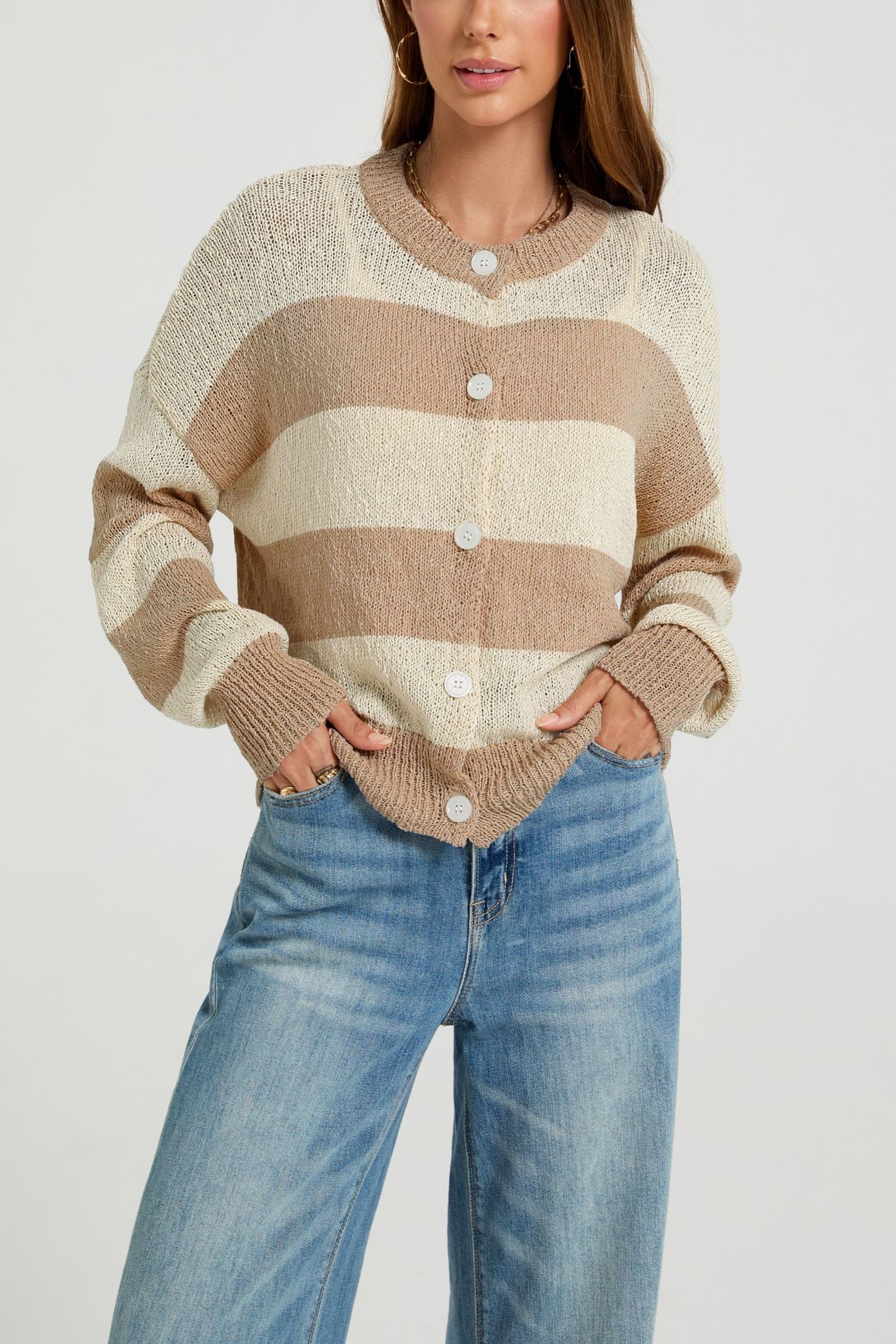 Striped Round Neck Cardigan Sweater Loose Fit Colorblock Knit Top