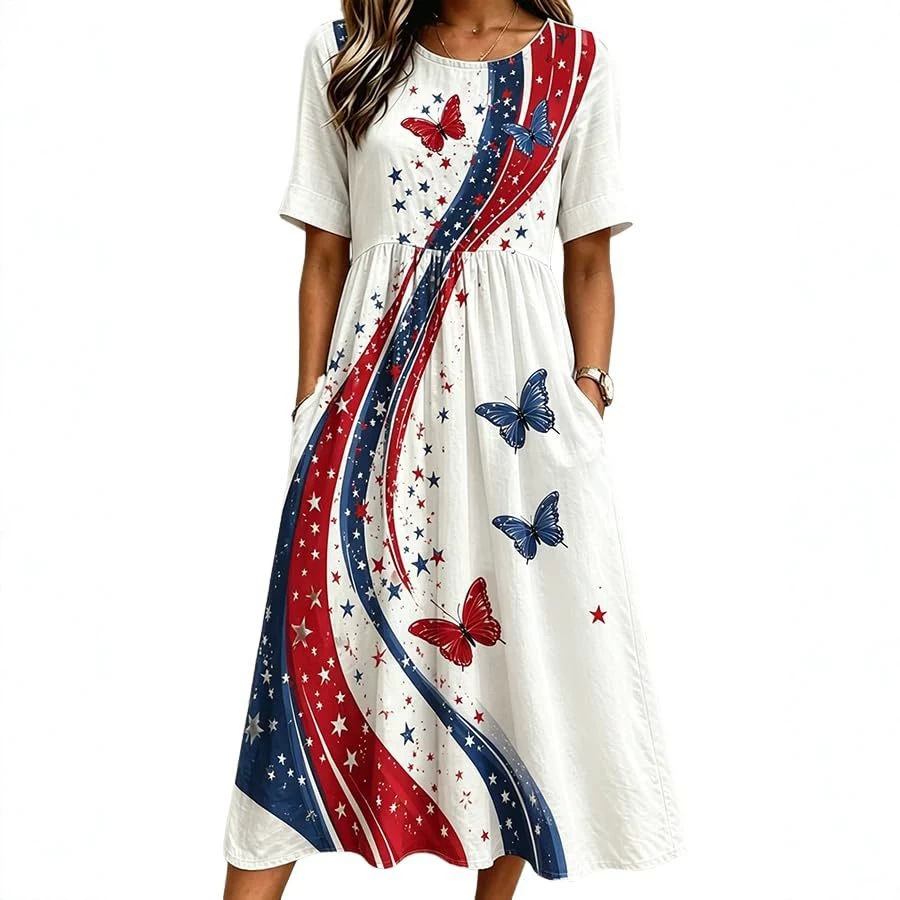 Women's Floral Butterfly Print Pleated Midi Dress