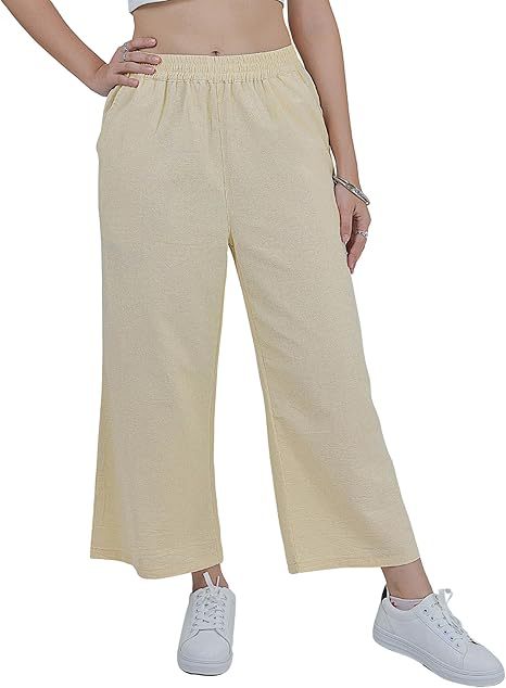 Women's Cotton-Linen Wide-Leg Capri Pants High-Waist Loose Casual