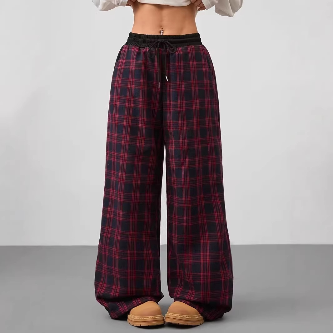 Retro Plaid Drawstring Wide-Leg Pants