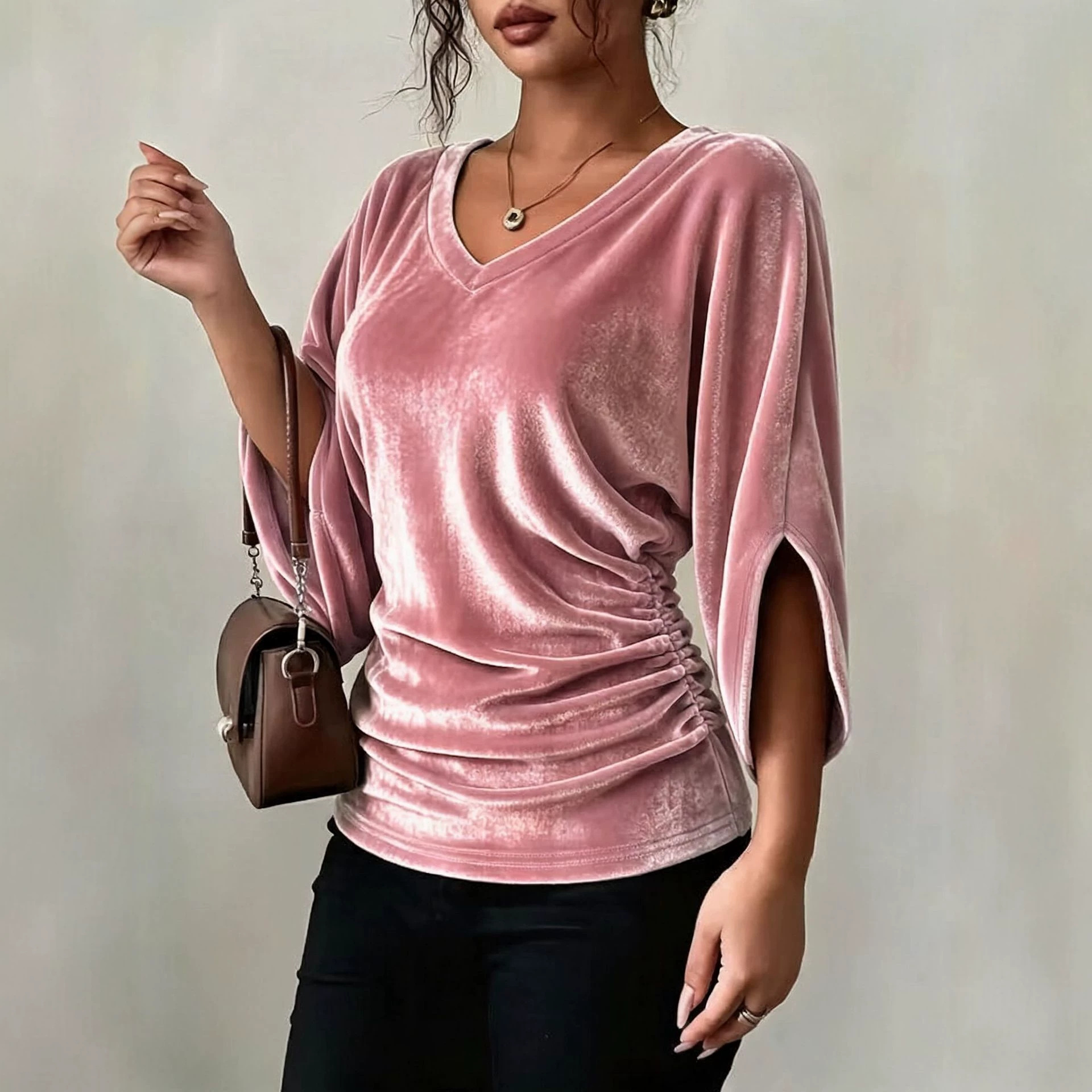Women's Velvet V-Neck Batwing Sleeve Top